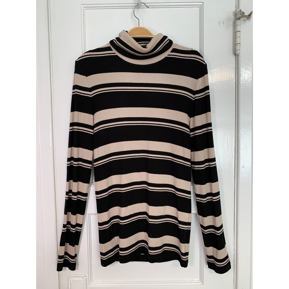 Sanctuary Essential Stripe Turtleneck Black Beige Striped Ribbed Knit / Size M - Picture 3 of 9